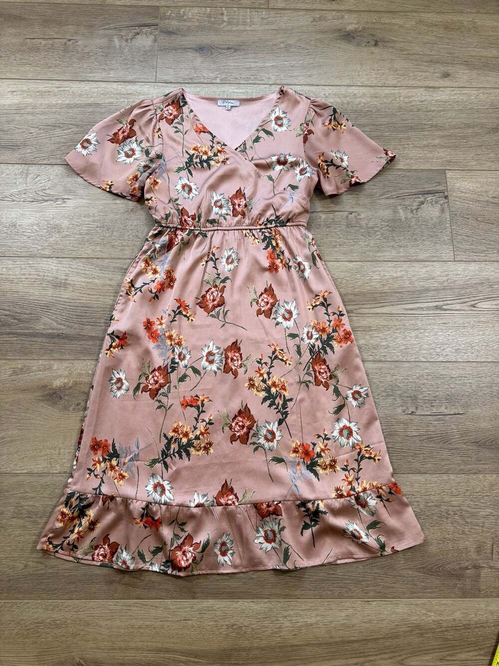 Polagram Mauve Floral Faux Wrap Midi Dress Small Flutter Sleeve Boho Cottagecore - Picture 2 of 13